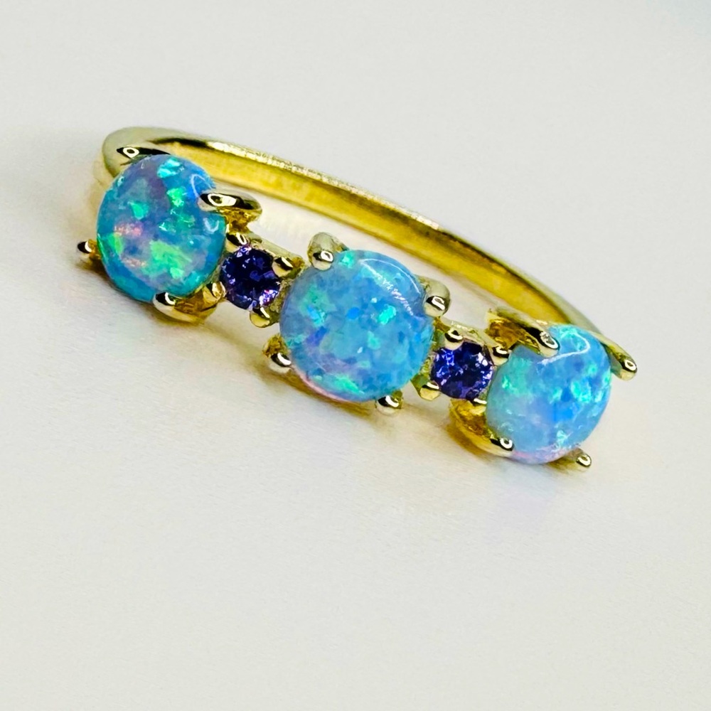 Blue Opal and Amethyst Ring Set in 14K Gold